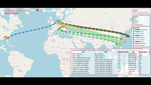 Ansicht des Dashboards, das die Emissionen des Materialflusses auf einer Karte visualisiert
