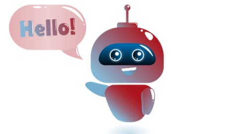 Ein kleiner Roboter mit einer Sprechblase in der Hello steht