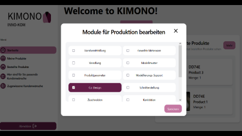 Frontend des Assistenzwerkzeugs aus Unternehmenssicht, Zuweisung Produktionsmodulen und Anwendungsbereiche sowie mit einer dialogbasierten Erfassung der Kunden-Basisdaten.