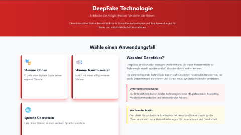Screenshot des Demonstrators. Zu sehen sind neben der Beschreibung, drei Module "Stimme klonen", "Stimme transformieren" und "Sprache übersetzen"