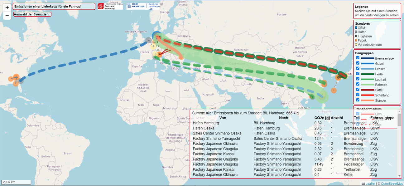 Ansicht des Dashboards, das die Emissionen des Materialflusses auf einer Karte visualisiert