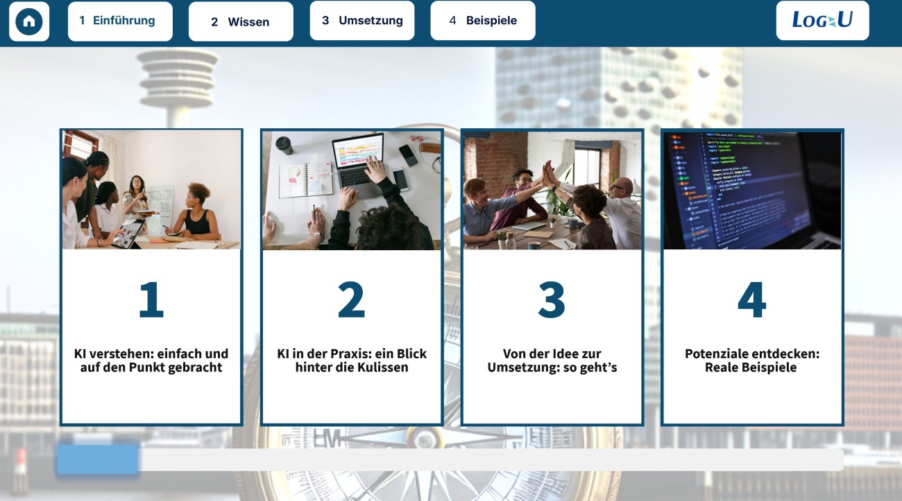 Das Bild zeigt eine deutschsprachige Lernplattform zum Thema KI. Oben befindet sich eine Navigationsleiste mit den Bereichen Einführung, Wissen, Umsetzung und Beispiele. Im Hauptbereich sind vier große Kacheln mit Bildern, Nummern und Modultiteln zu sehen – von einer einfachen KI-Einführung über Praxiswissen bis hin zu Umsetzung und realen Beispielen.