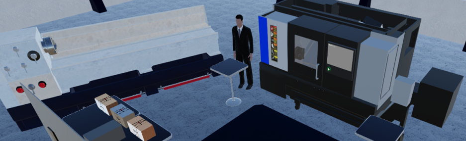 VR-Umgebung mit Materiallager, Fräsmaschine und Anzeige verschiedener Kostenszenarien