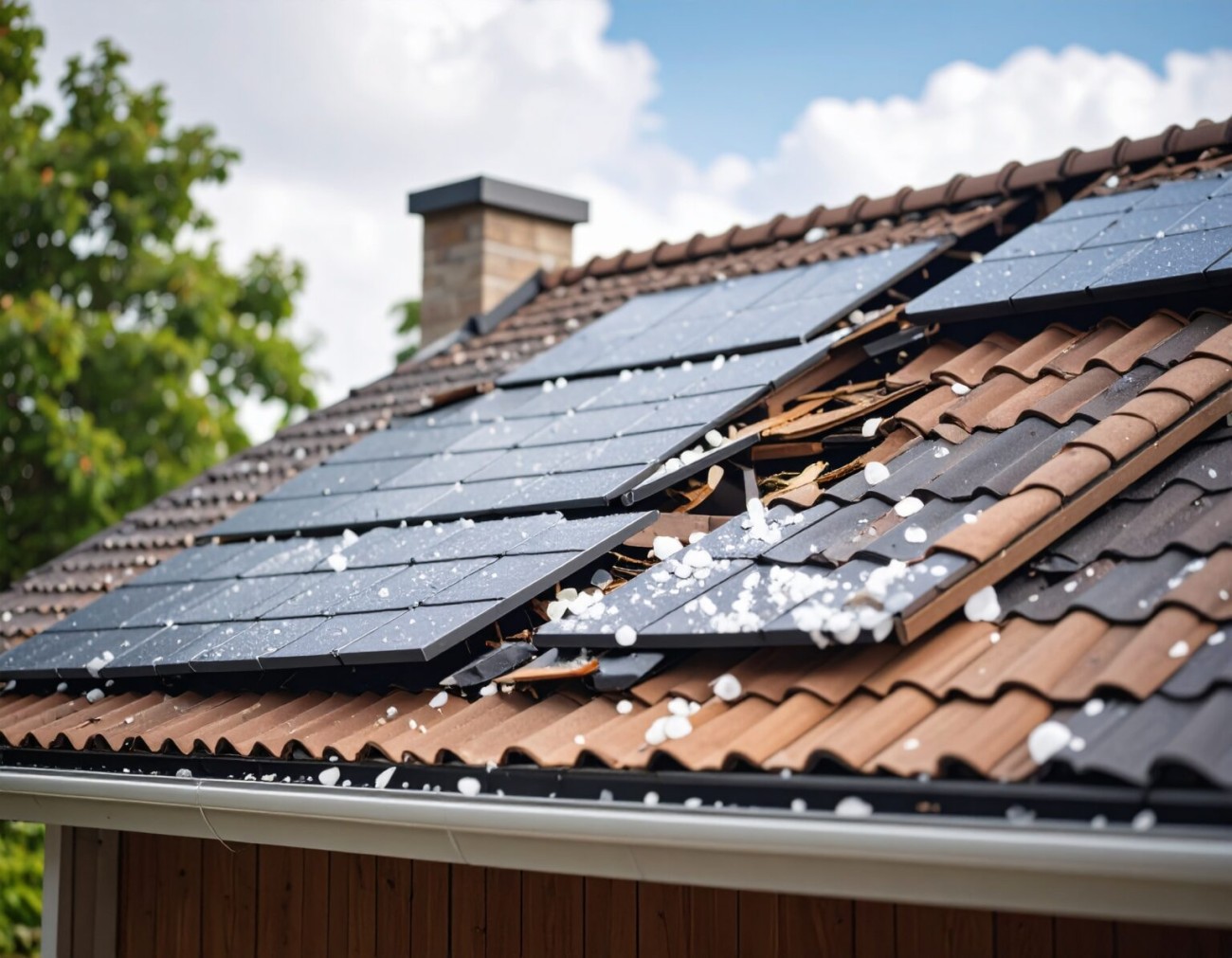 Ein Hausdach, das große Schäden von einem Hagelsturm hat