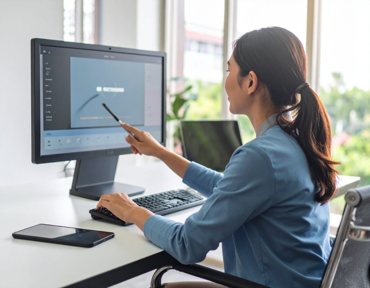 Eine blinde Frau nutzt am PC einen Screenreader, der ein Bild auf dem Monitor beschreibt