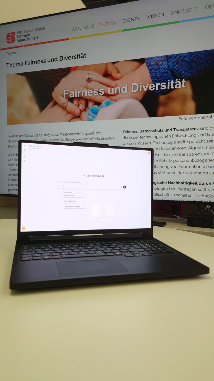 Das Bild zeigt einen aufgeklappten Laptop, auf dem das Eingabefeld des Demonstrators sichtbar ist. Der Laptop steht vor einem Plakat zum Schwerpunkt Fairness und Diversität.