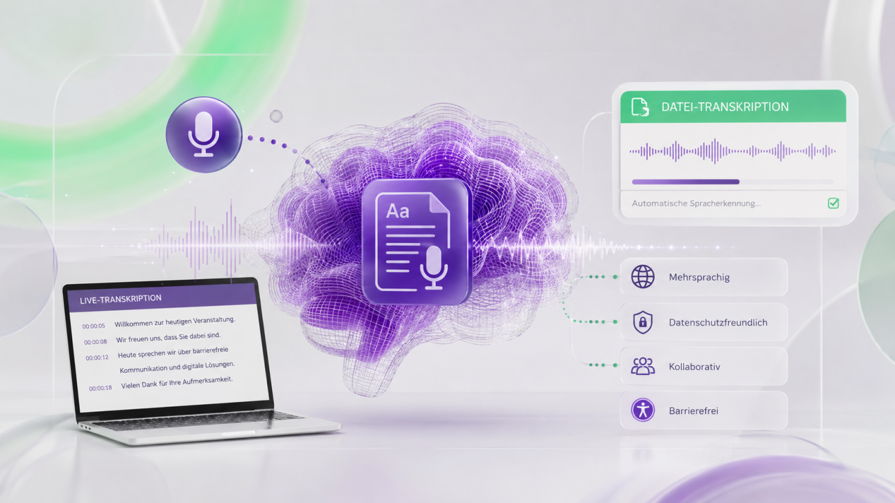 Illustration einer KI-gestützten Transkriptionslösung: Im Zentrum steht ein violettes, digitales Gehirn mit einem Dokument- und Mikrofonsymbol. Links zeigt ein Laptop eine laufende Live-Transkription, rechts sind eine Datei-Transkription mit Audiowellen sowie die Merkmale „Mehrsprachig“, „Datenschutzfreundlich“, „Kollaborativ“ und „Barrierefrei“ dargestellt.
