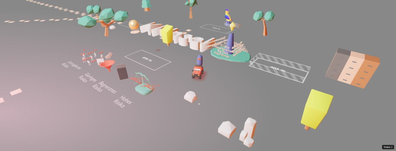 Station Nummer 5: Die KI-Insel bei der es Grundlagen Wissen zu Systemen Künstlicher Intelligenz gibt, visuell aufbereitet, in Textform oder anhand integrierter Videos