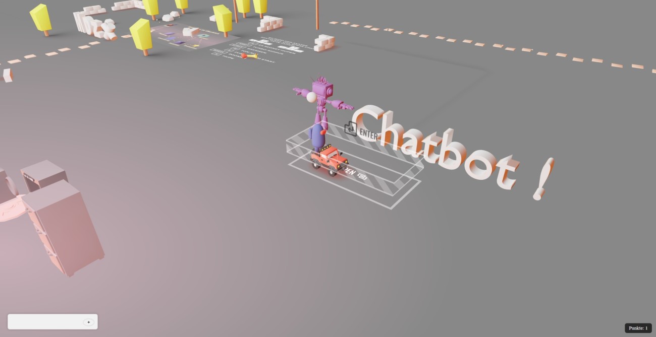 Interaktionsort des Chatbots, ein kleiner Roboter bietet hier die Möglichkeit schriftlich zu interagieren und Fragen bezüglich der Welt und Change-Management allgemein zu stellen.