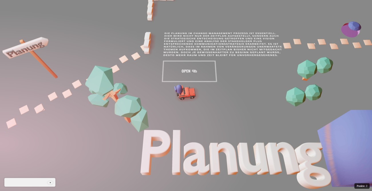 Übersicht zu Station 1, der Planung des Change-Management. Einführungstext: Die Planung im Change-Management Prozess ist essentiell. Hier wird nicht nur der Zeitplan aufgestellt, sondern auch die strategische Entscheidung getroffen und eine Vision formuliert.