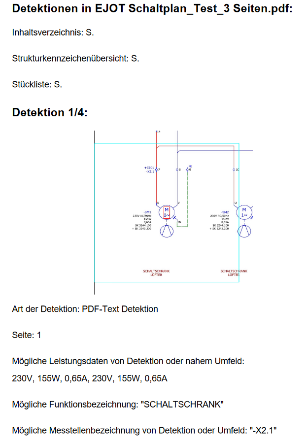 Dieser Screenshot aus dem automatischen erstellten Report (PDF) zeigt die erste Detektion inklusive Ausschnitt aus dem Schaltplan, Leistungsdaten, Funktionsbezeichnung und Messstellenbezeichnung 