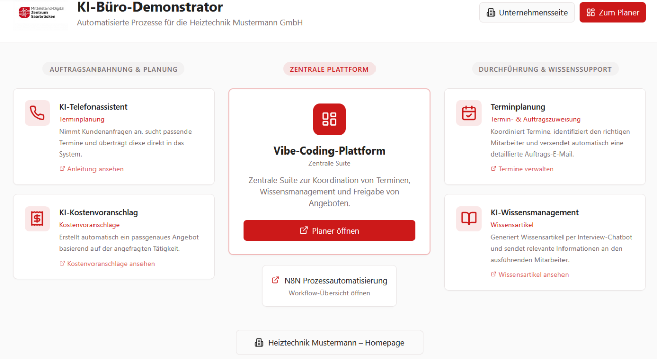 Digitale Präsenz des Demonstrators KI im Büro. Zu sehen ist ein Dashboard mit verschiedenen Module des Demonstrators.