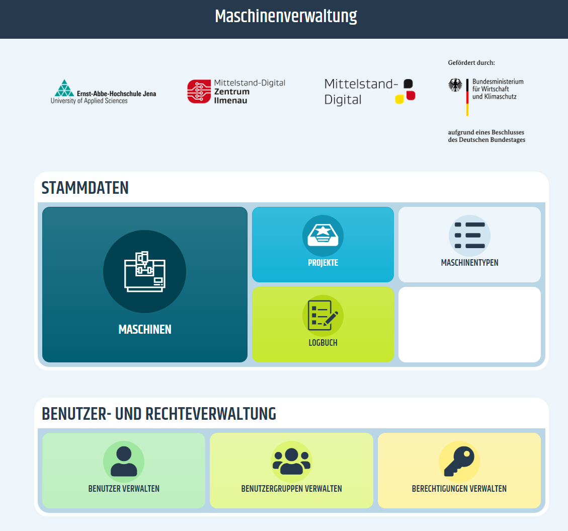 Das Bild zeigt einen Screenshot der Benutzeroberfläche des Demonstrators ELMA - Elektronisches Maschinentagebuch. 