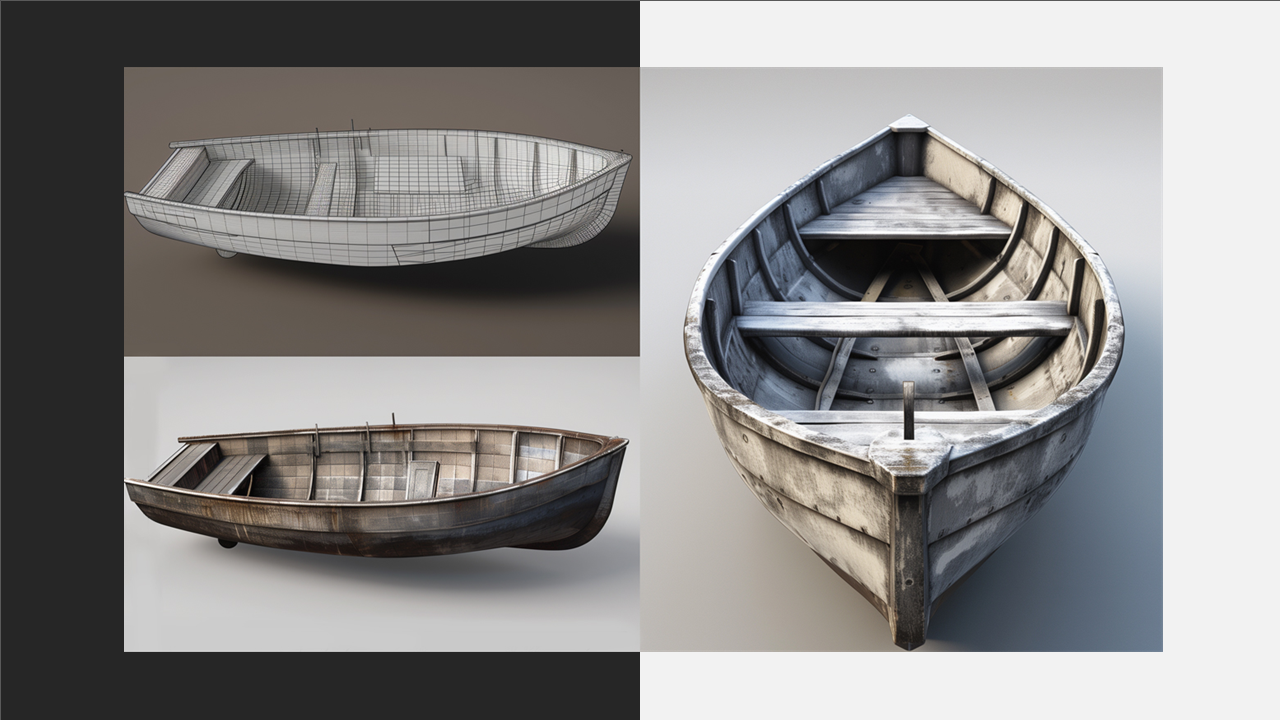 Collage eines Holzboots in drei Ansichten: als Drahtgittermodell, in Seitenansicht und von vorn mit sichtbaren Sitzbänken.