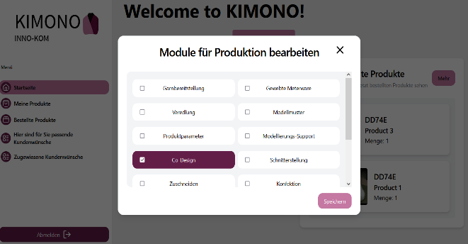 Frontend des Assistenzwerkzeugs aus Unternehmenssicht, Zuweisung Produktionsmodulen und Anwendungsbereiche sowie mit einer dialogbasierten Erfassung der Kunden-Basisdaten.