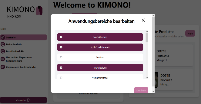 Frontend des Assistenzwerkzeugs aus Unternehmenssicht, Zuweisung Produktionsmodulen und Anwendungsbereiche sowie mit einer dialogbasierten Erfassung der Kunden-Basisdaten.