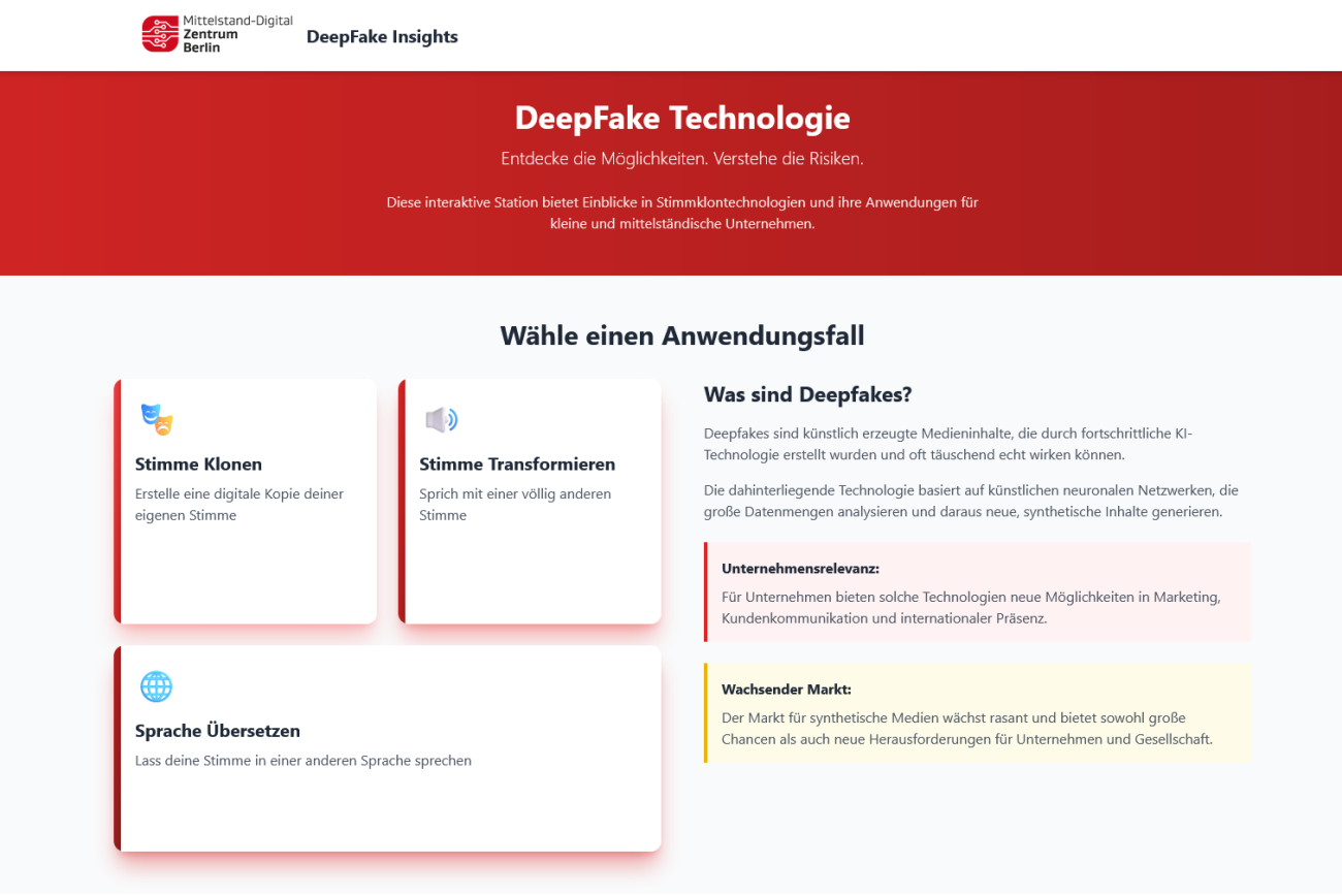 Screenshot des Demonstrators. Zu sehen sind neben der Beschreibung, drei Module "Stimme klonen", "Stimme transformieren" und "Sprache übersetzen"